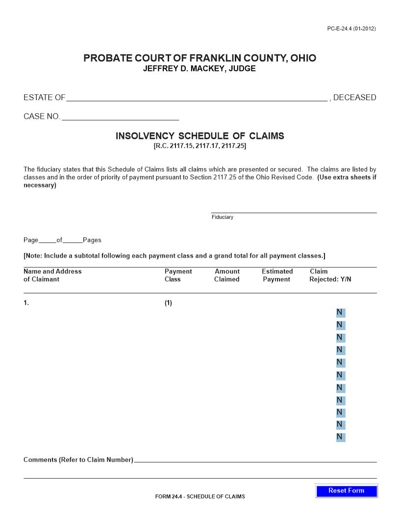Insolvency Schedule Of Claims {24.4} | Pdf Fpdf Doc Docx | Ohio