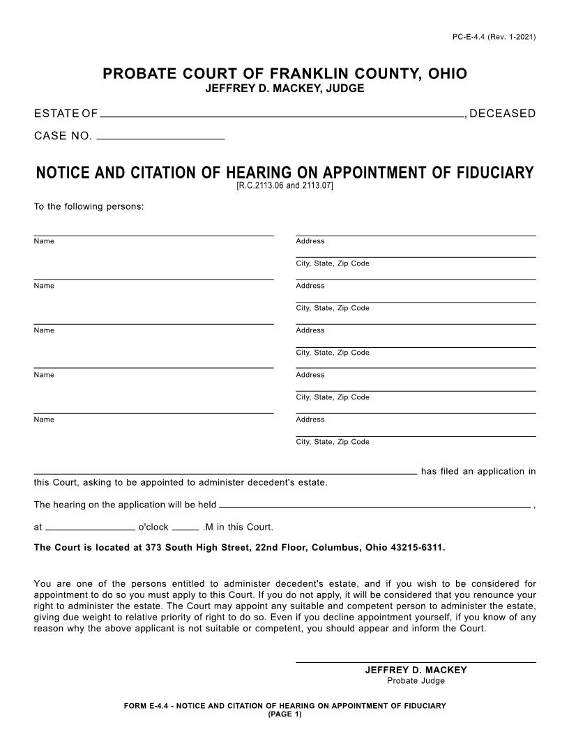 Notice And Citation Of Hearing On Appointment Of Fiduciary {4.4} | Pdf Fpdf Doc Docx | Ohio