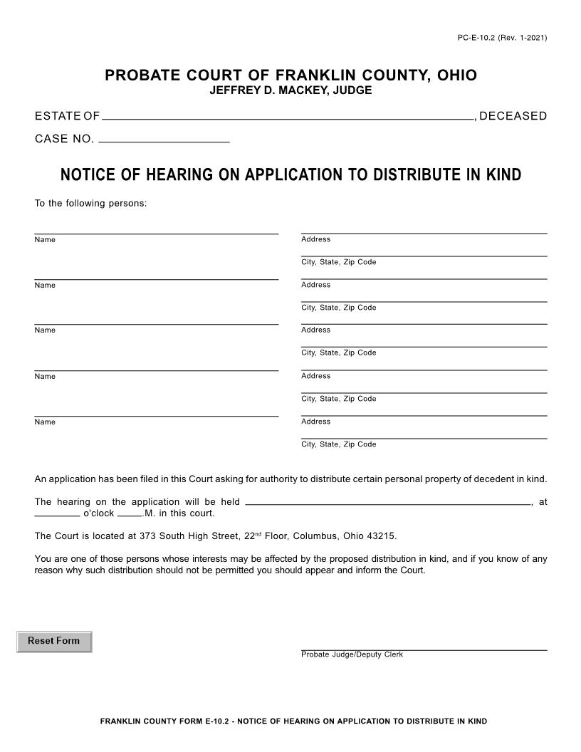 Notice Of Hearing On Application To Distribute In Kind {10.2} | Pdf Fpdf Doc Docx | Ohio