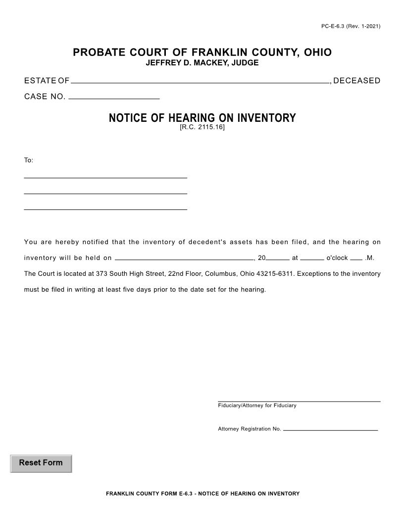 Notice Of Hearing On Inventory {6.3} | Pdf Fpdf Doc Docx | Ohio