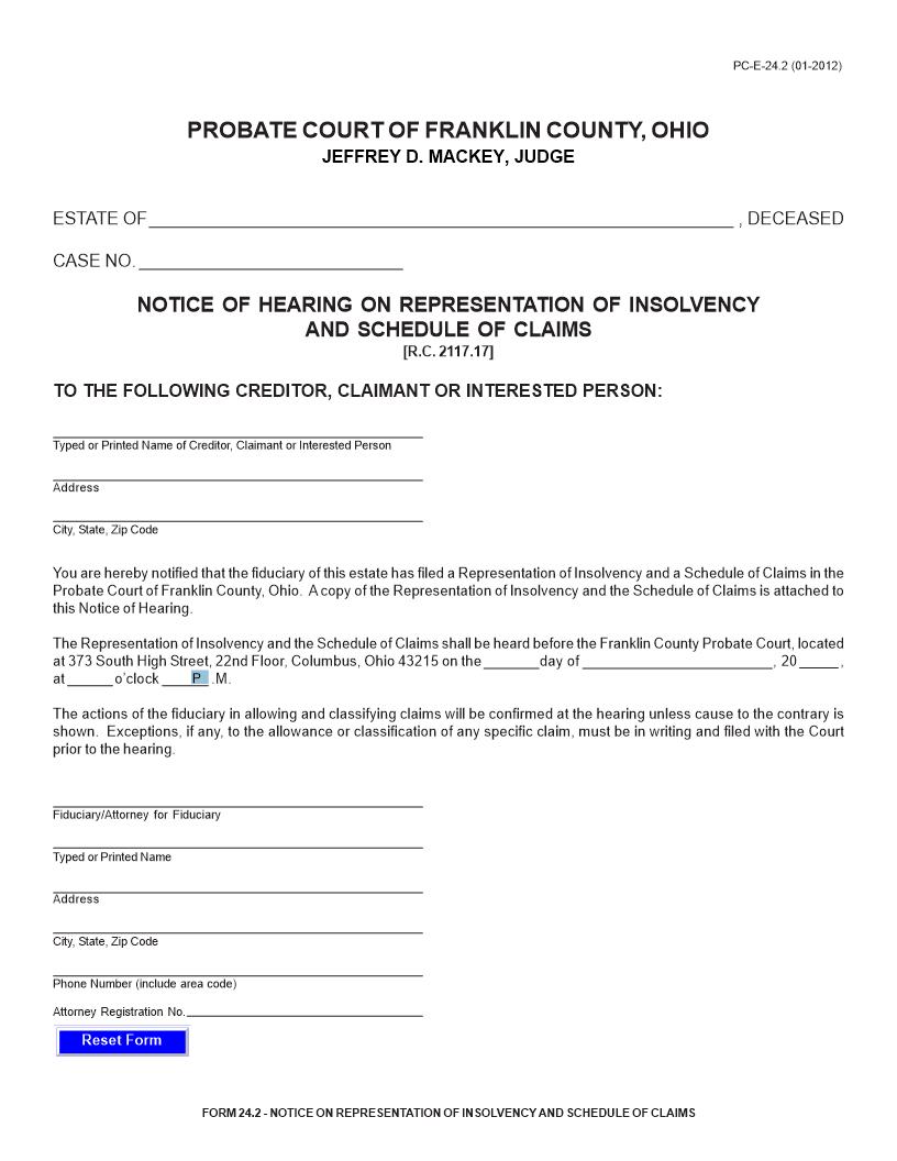 Notice Of Hearing On Representation Of Insolvency And Schedule Of Claims {24.2} | Pdf Fpdf Doc Docx | Ohio