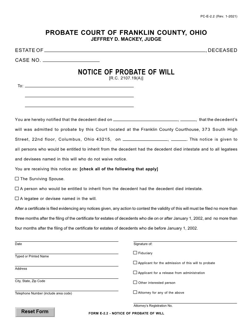 Notice Of Probate Of Will {2.2} | Pdf Fpdf Doc Docx | Ohio