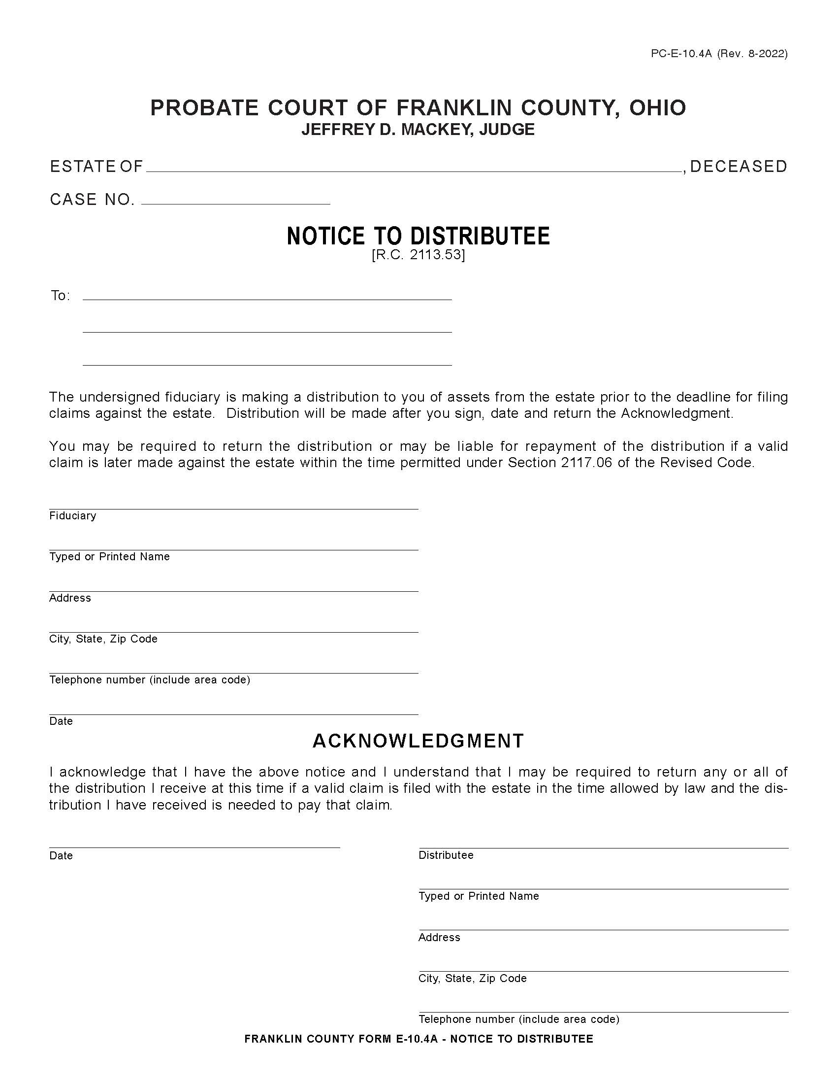 Notice To Distributee {10.4A} | Pdf Fpdf Doc Docx | Ohio