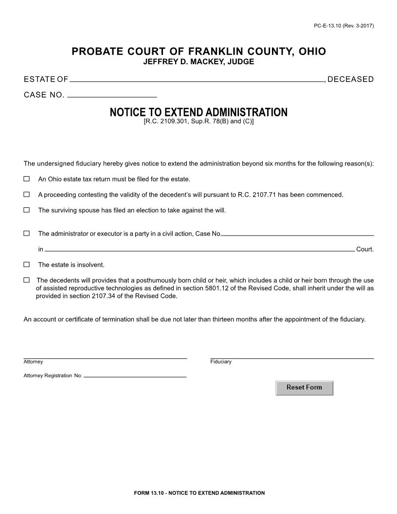 Notice To Extend Administration {13.10} | Pdf Fpdf Doc Docx | Ohio