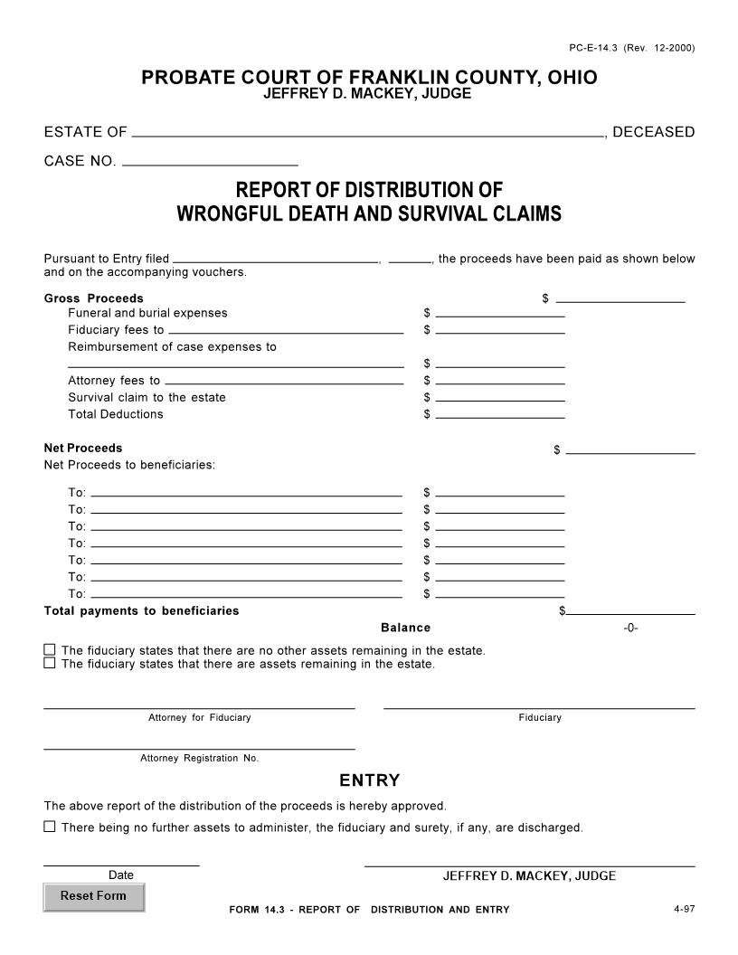Report Of Distribution Of Wrongful Death And Survival Claims {14.3} | Pdf Fpdf Doc Docx | Ohio