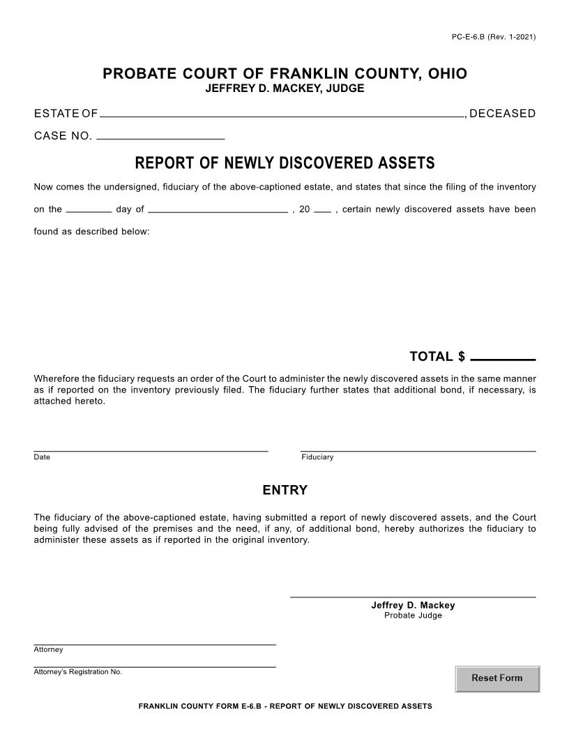 Report Of Newly Discovered Assets {6.B} | Pdf Fpdf Doc Docx | Ohio