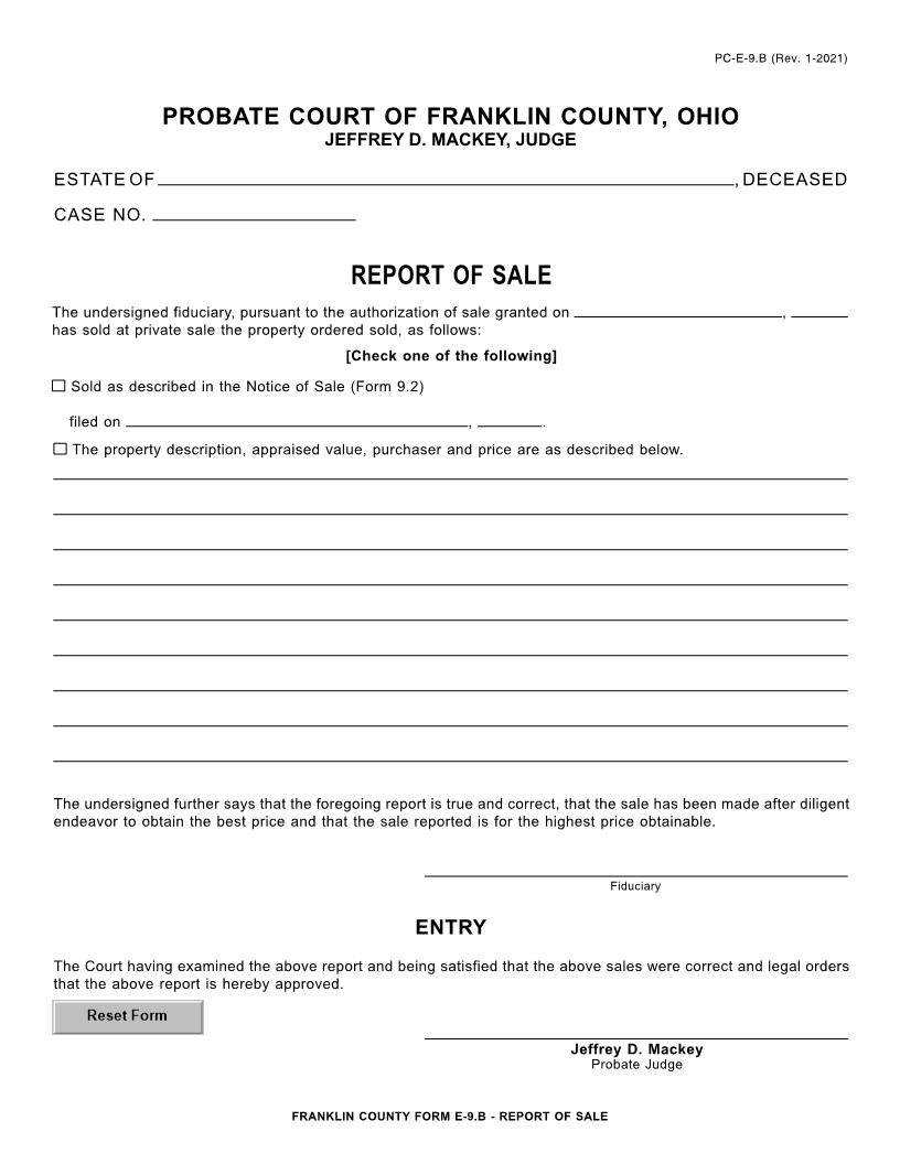Report Of Sale {9.B} | Pdf Fpdf Doc Docx | Ohio