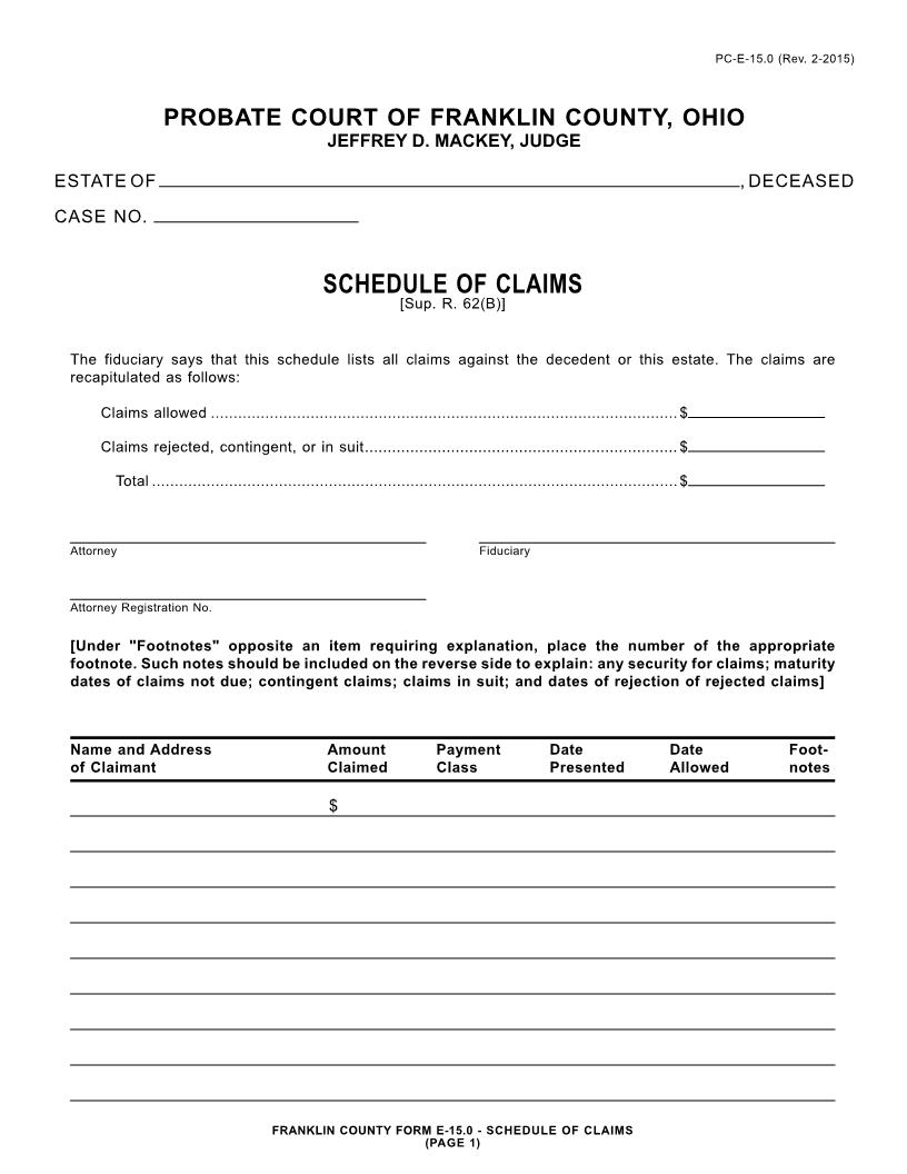 Schedule Of Claims {15.0} | Pdf Fpdf Doc Docx | Ohio