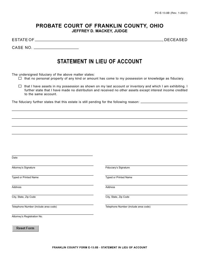 Statement In Lieu Of Account {13.0B} | Pdf Fpdf Doc Docx | Ohio