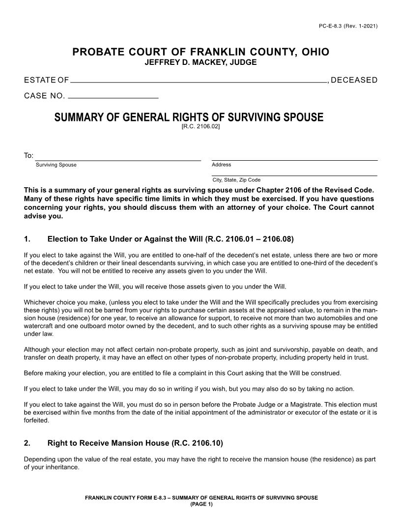 Summary Of General Rights Of Surviving Spouse {8.3} | Pdf Fpdf Doc Docx | Ohio