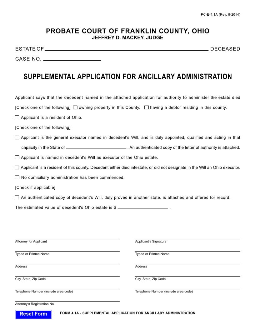 Supplemental Application For Ancillary Administration {4.1} | Pdf Fpdf Doc Docx | Ohio