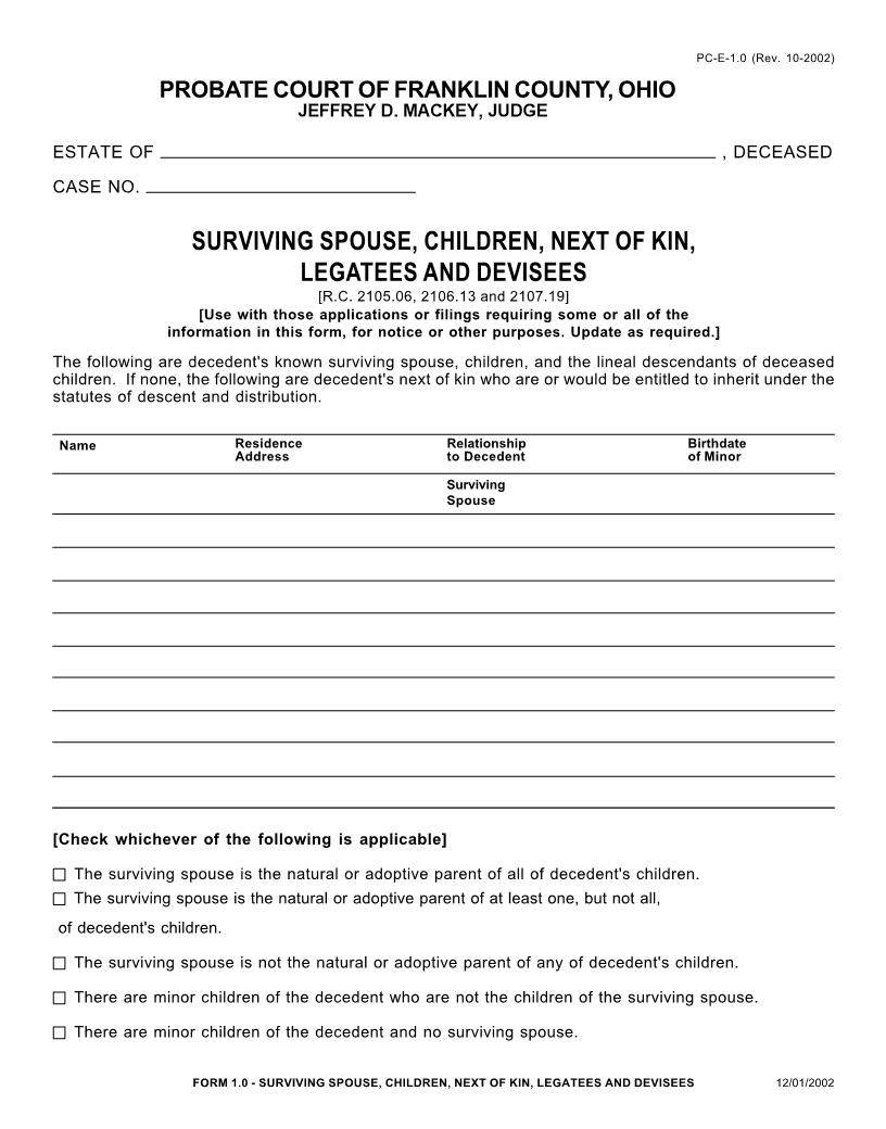 Surviving Spouse Children Next Of Kin Legatees And Devisees {1.0} | Pdf Fpdf Doc Docx | Ohio