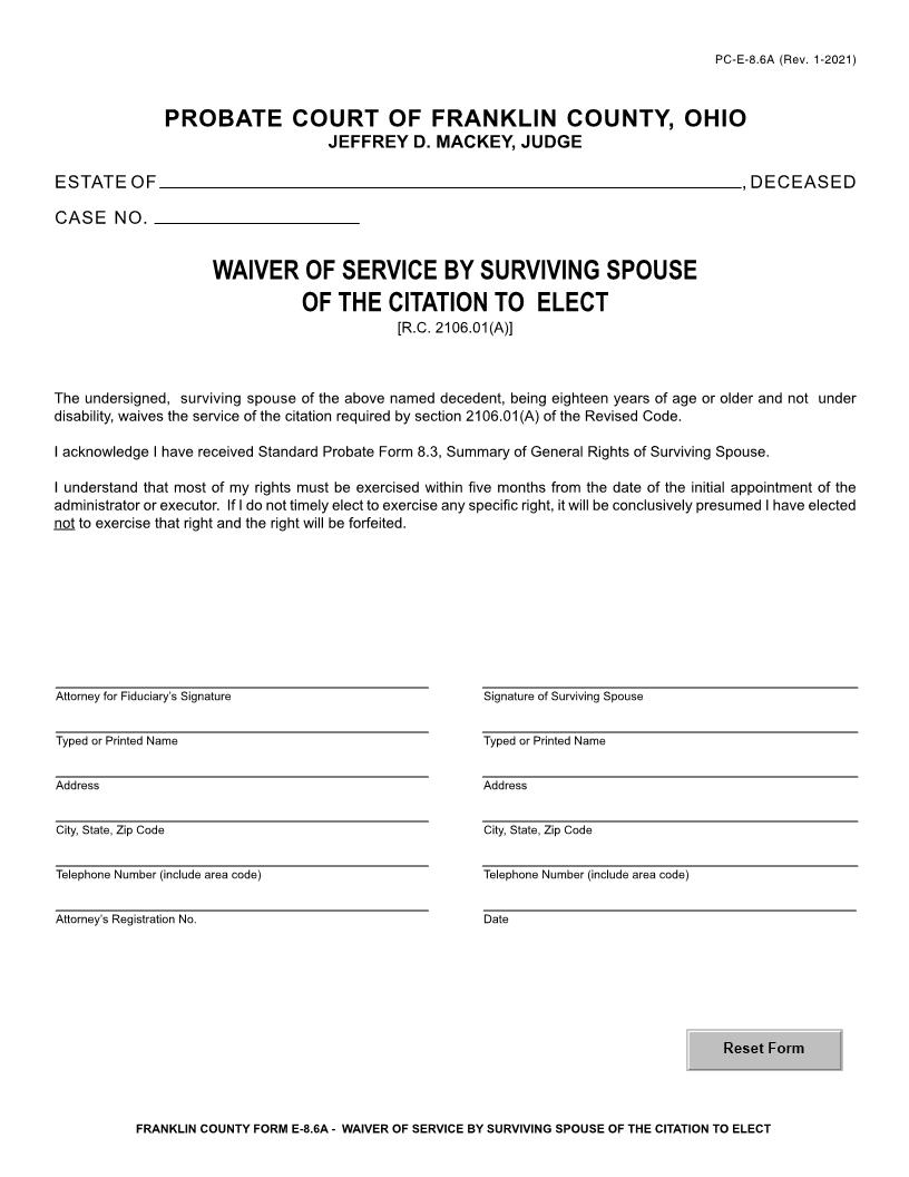 Surviving Spouse Waiver Of Service Of The Citation To Elect {8.6A} | Pdf Fpdf Doc Docx | Ohio