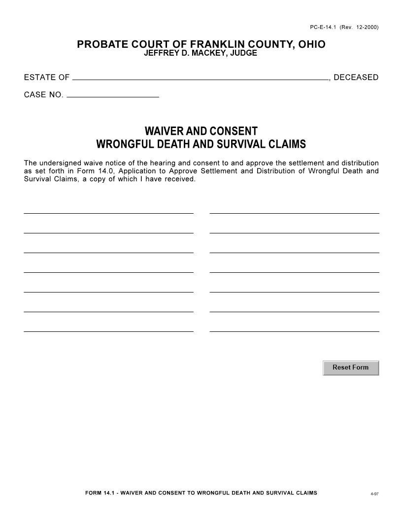 Waiver And Consent Wrongful Death And Survival Claims {14.1} | Pdf Fpdf Doc Docx | Ohio