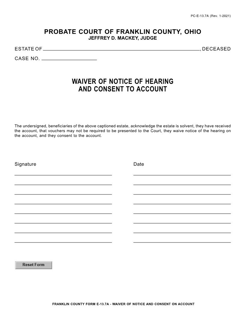 Waiver Of Notice Of Hearing And Consent To Account {13.7A} | Pdf Fpdf Doc Docx | Ohio