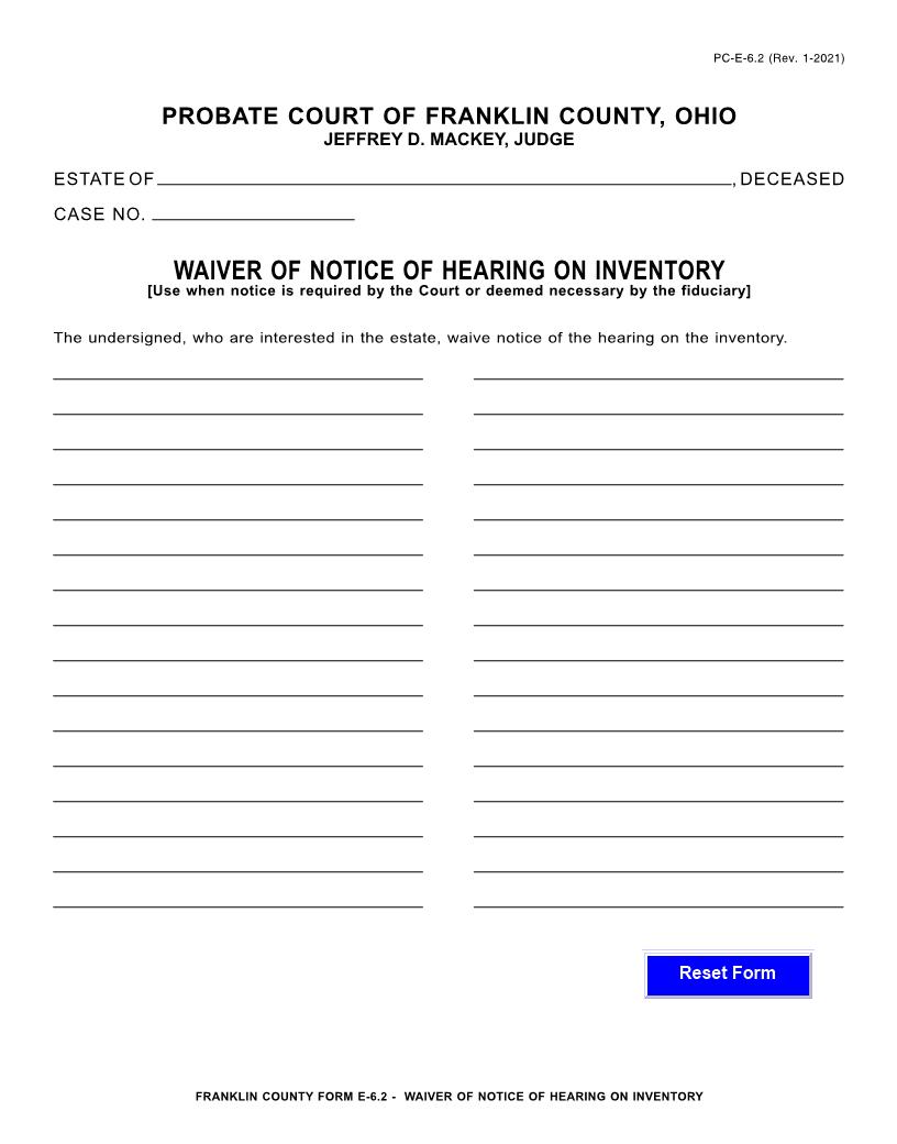 Waiver Of Notice Of Hearing On Inventory {6.2} | Pdf Fpdf Doc Docx | Ohio