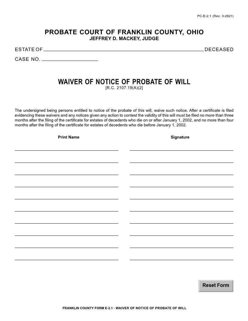 Waiver Of Notice Of Probate Of Will {2.1} | Pdf Fpdf Doc Docx | Ohio