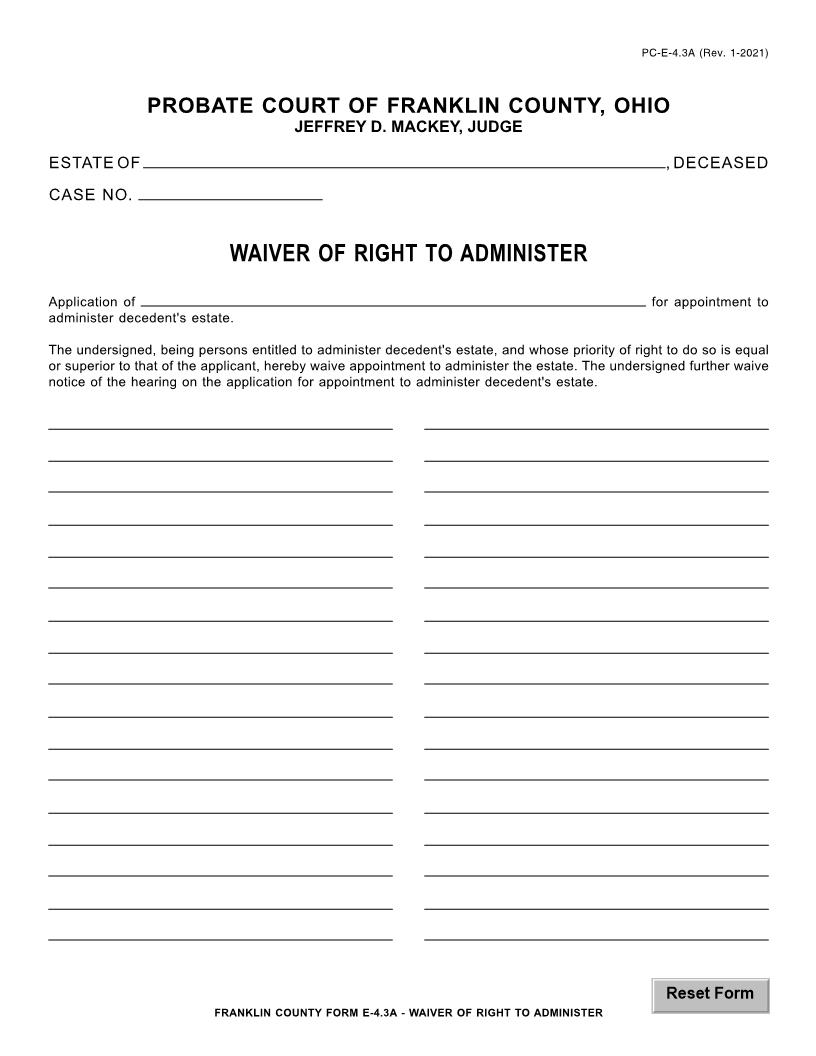 Waiver Of Right To Administer {4.3A} | Pdf Fpdf Doc Docx | Ohio
