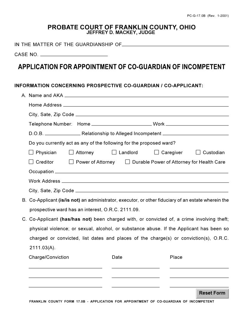 Application For Appointment Of Co-Guardian Of Incompetent {17.0B} | Pdf Fpdf Doc Docx | Ohio