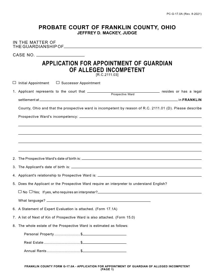 Application For Appointment Of Guardian Of Alleged Incompetent {17.0A} | Pdf Fpdf Doc Docx | Ohio