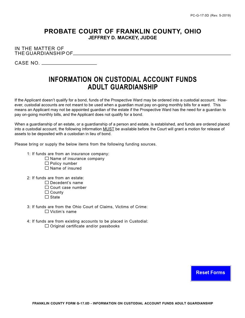 Information On Custodial Account Funds {17.0D} | Pdf Fpdf Doc Docx | Ohio