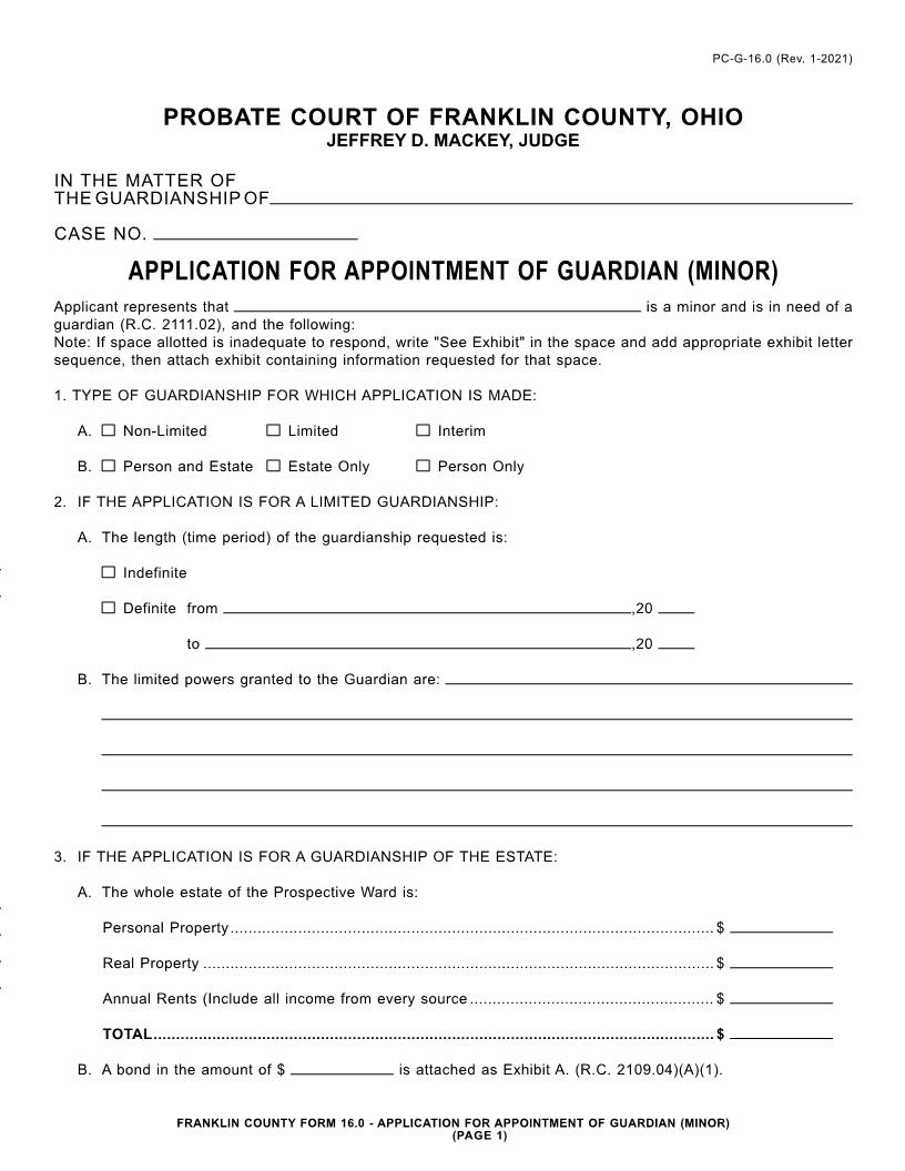 Application For Appointment Of Guardian Minor {16.0} | Pdf Fpdf Doc Docx | Ohio