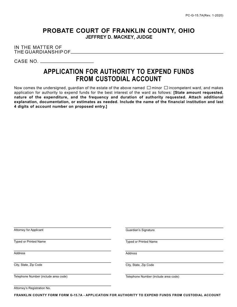 Application For Authority To Expend Funds (From Custodial Account) {15.7A} | Pdf Fpdf Doc Docx | Ohio