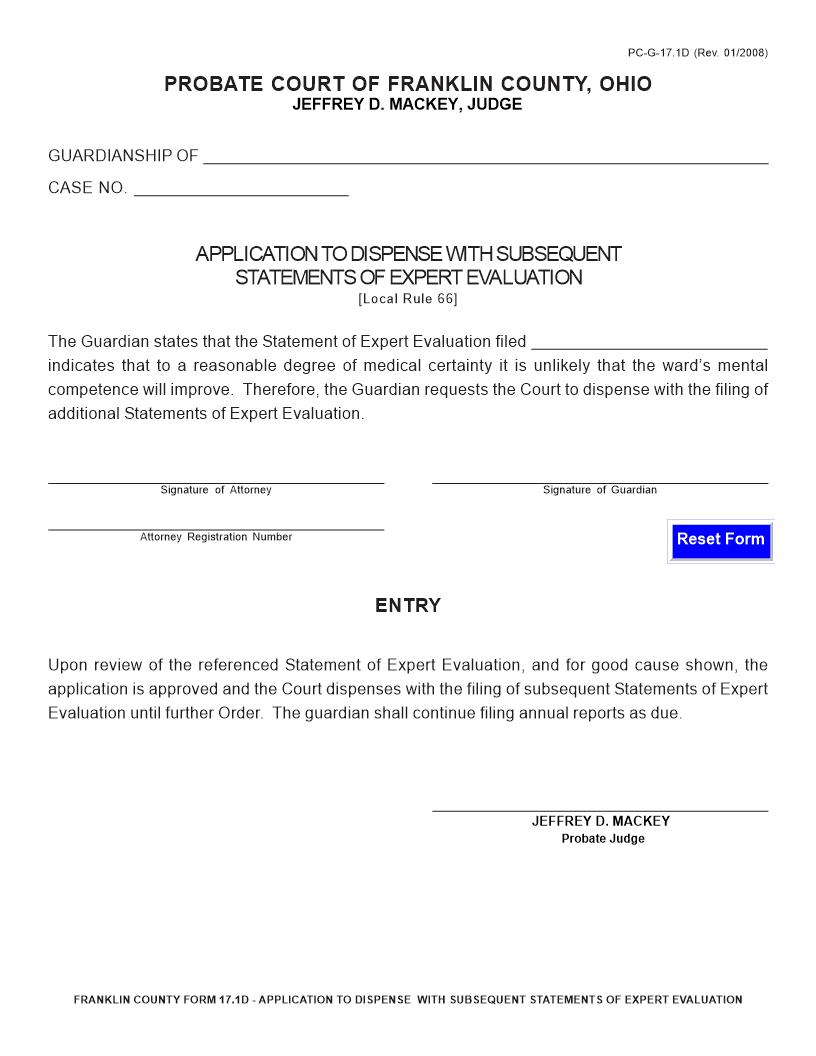 Application To Dispense With Subsequent Statements Of Expert Evaluation {17.1D} | Pdf Fpdf Doc Docx | Ohio