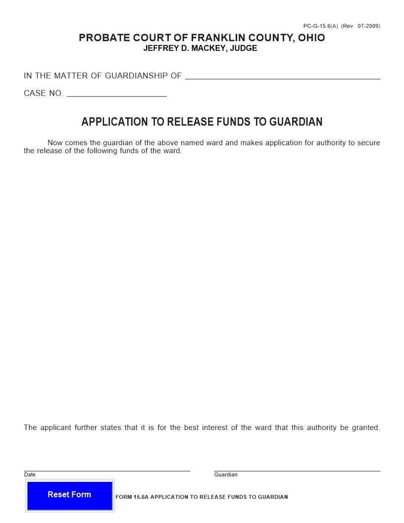Application To Release Funds To Guardian {15.6(A)} | Pdf Fpdf Doc Docx | Ohio