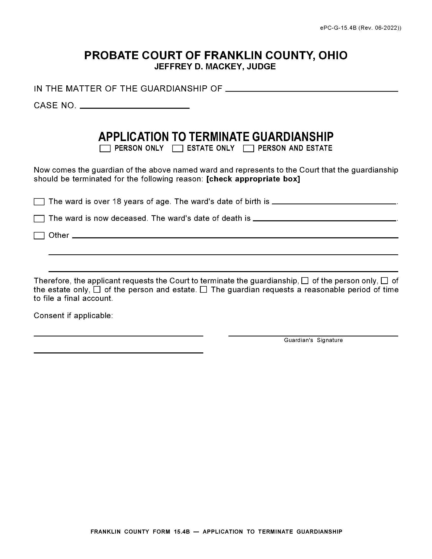 Application To Terminate Guardianship {15.4B} | Pdf Fpdf Doc Docx | Ohio