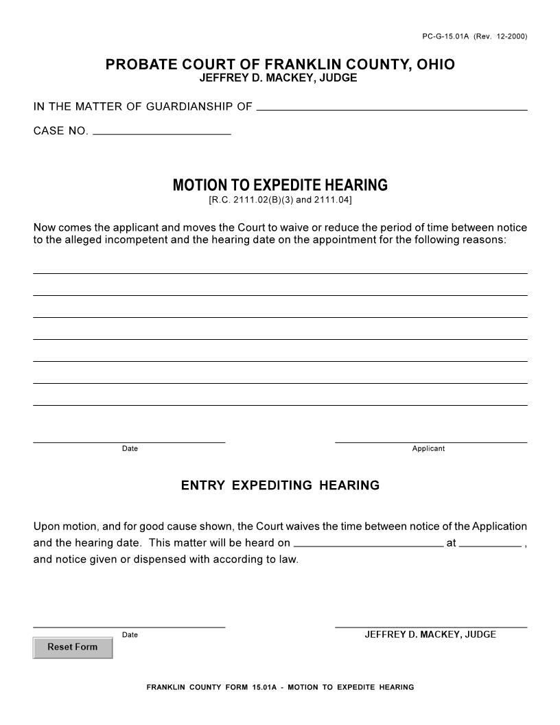 Motion To Expedite Hearing {15.01A} | Pdf Fpdf Doc Docx | Ohio