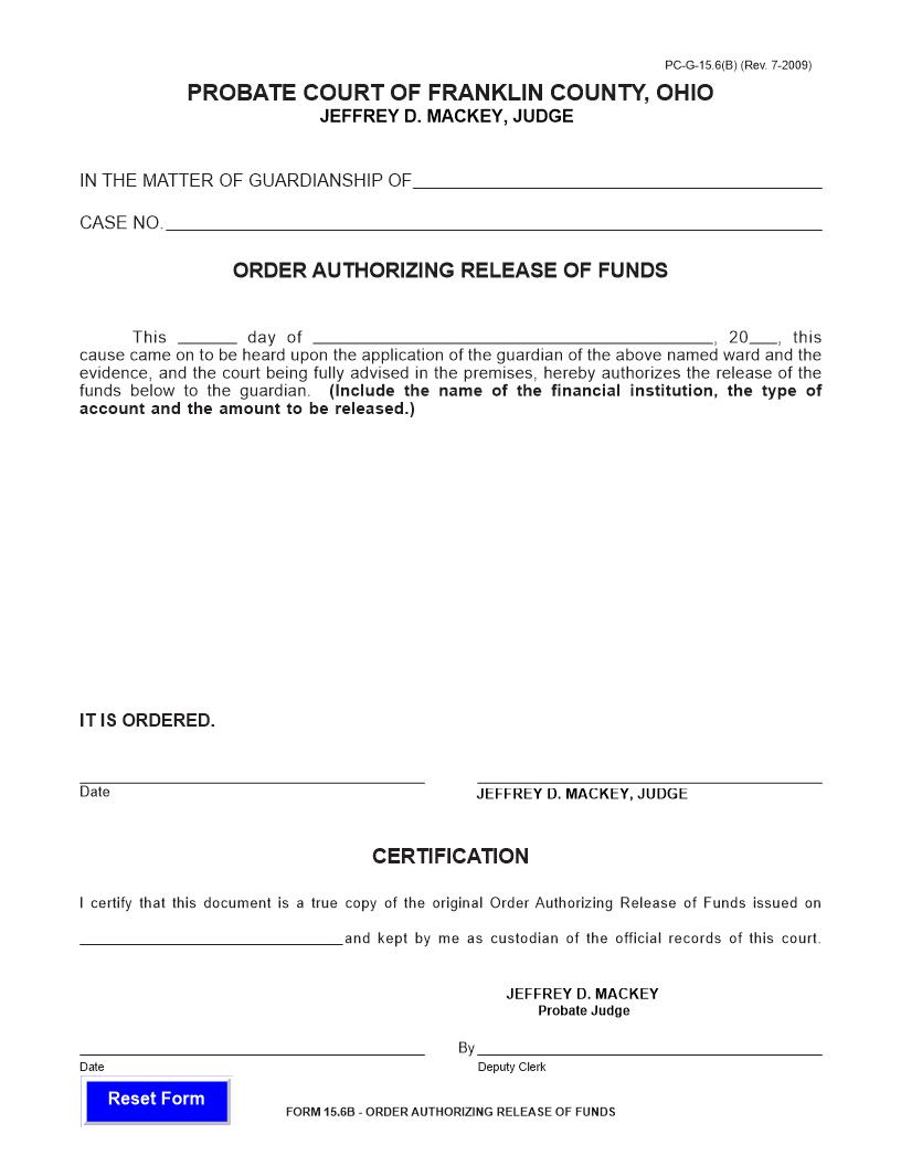 Order Authorizing Release of Funds {15.6(B)} | Pdf Fpdf Doc Docx | Ohio