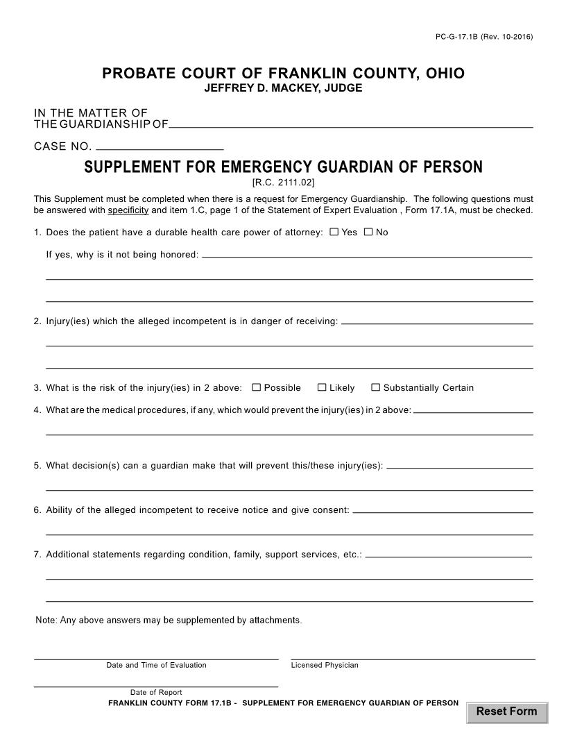 Supplement For Emergency Guardian Of Person {17.1B} | Pdf Fpdf Doc Docx | Ohio