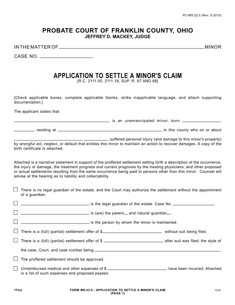 Application To Settle A Minors Claim {22.0} | Pdf Fpdf Doc Docx | Ohio