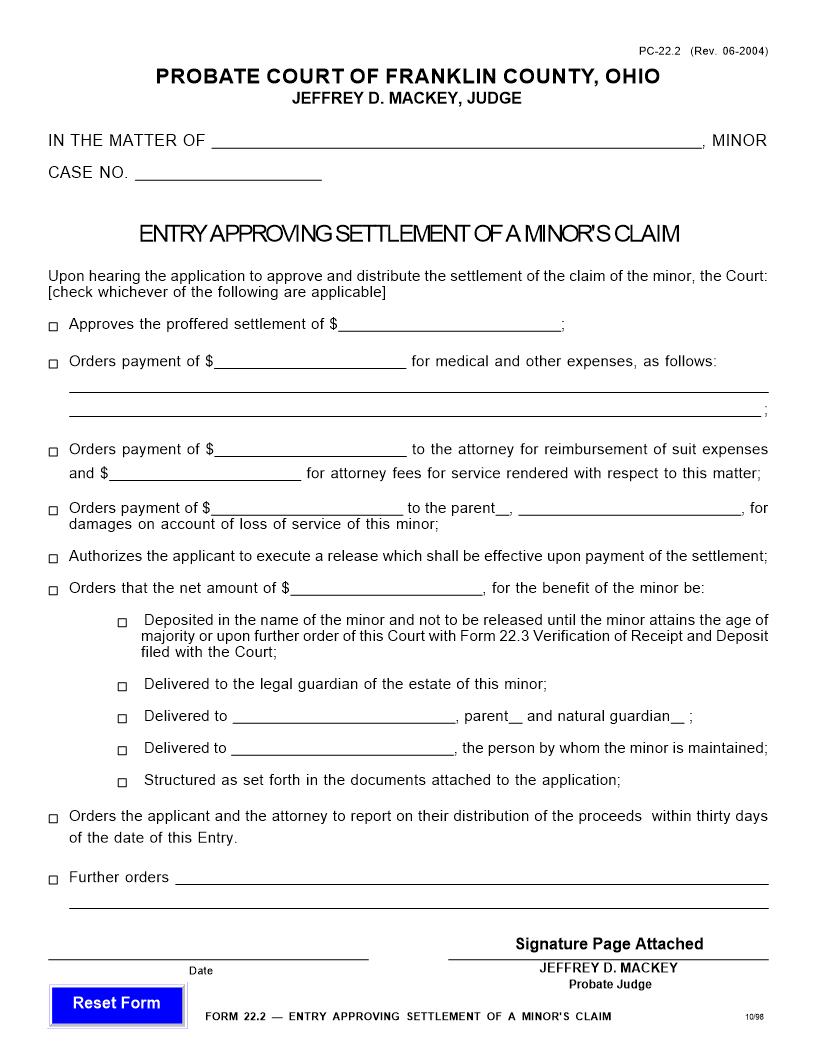 Entry Approving Settlement Of A Minors Claim {22.2} | Pdf Fpdf Doc Docx | Ohio