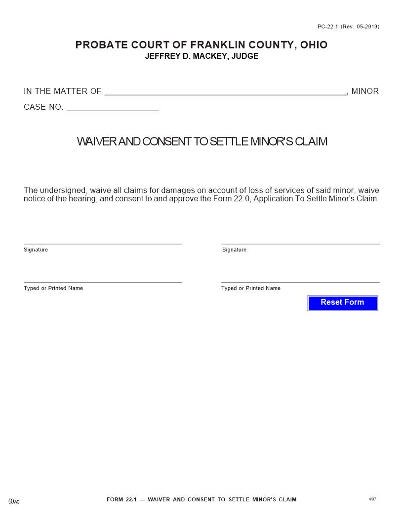Waiver And Consent To Settle A Minors Claim {22.1} | Pdf Fpdf Doc Docx | Ohio