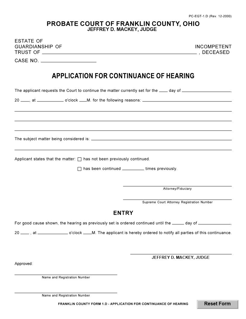 Application For Continuance Of Hearing {1.D} | Pdf Fpdf Doc Docx | Ohio