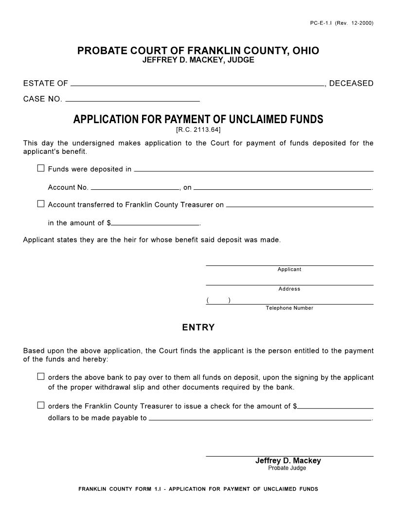Application For Payment Of Unclaimed Funds {1.I} | Pdf Fpdf Doc Docx | Ohio