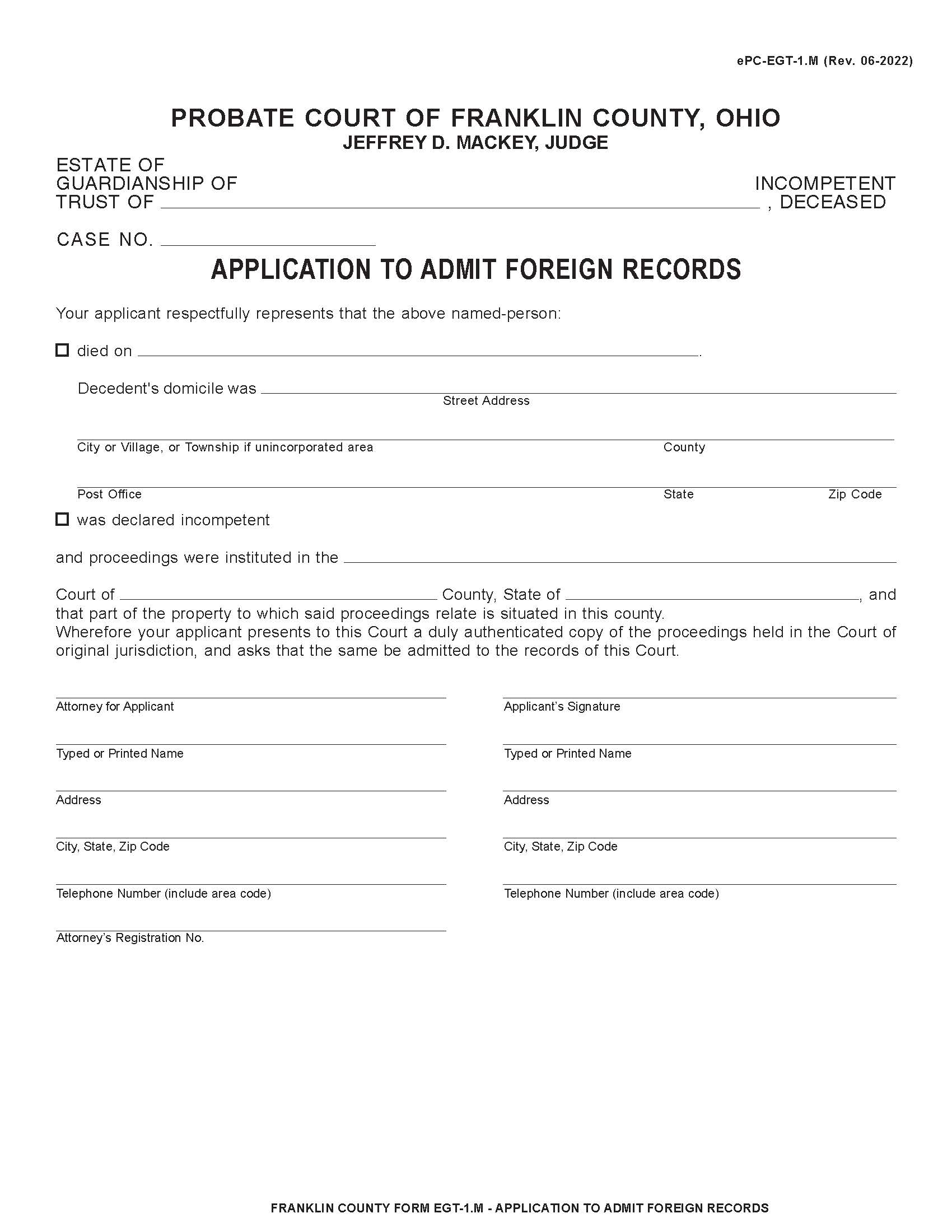 Application To Admit Foreign Records {1.M} | Pdf Fpdf Docx | Ohio