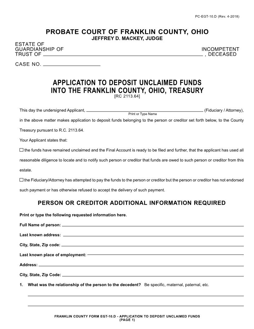 Application To Deposit Unclaimed Funds {10.D} | Pdf Fpdf Doc Docx | Ohio