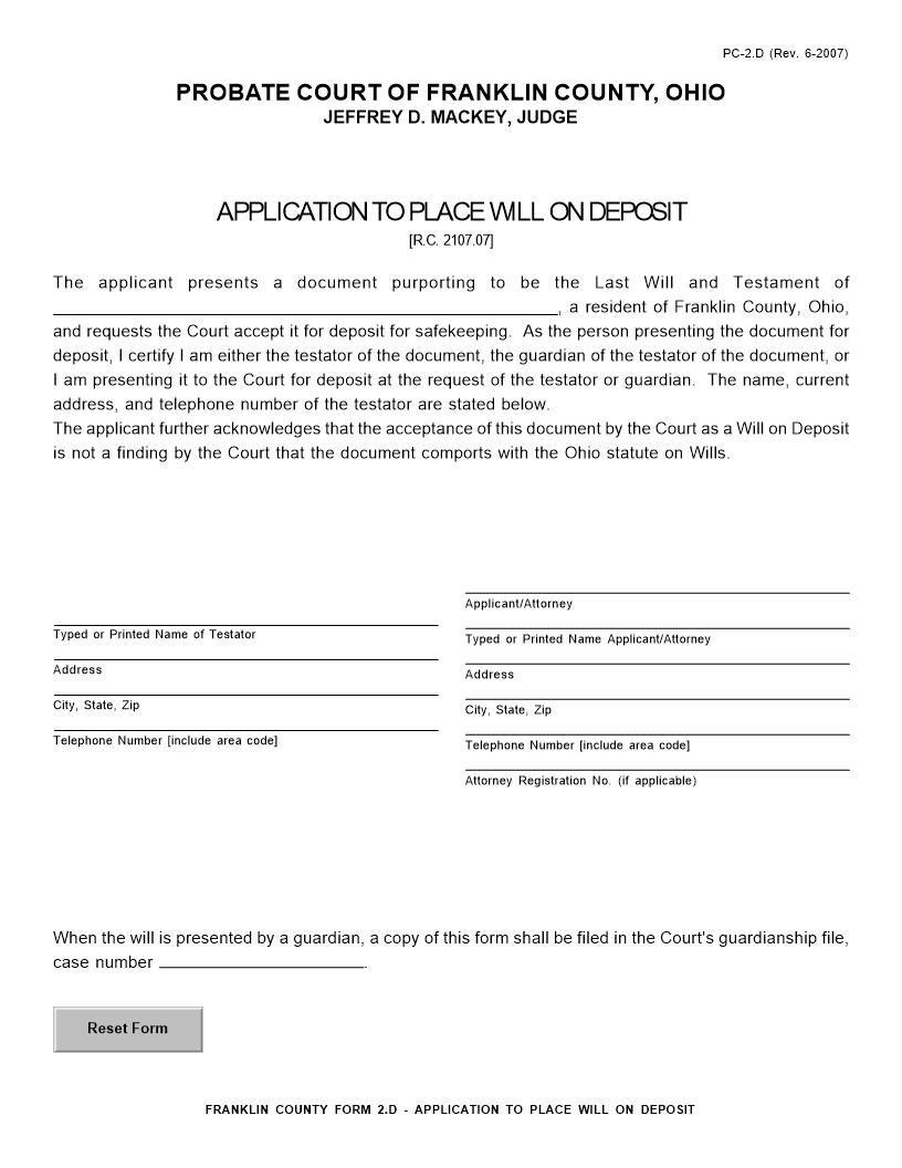 Application To Place Will On Deposit {2.D} | Pdf Fpdf Doc Docx | Ohio