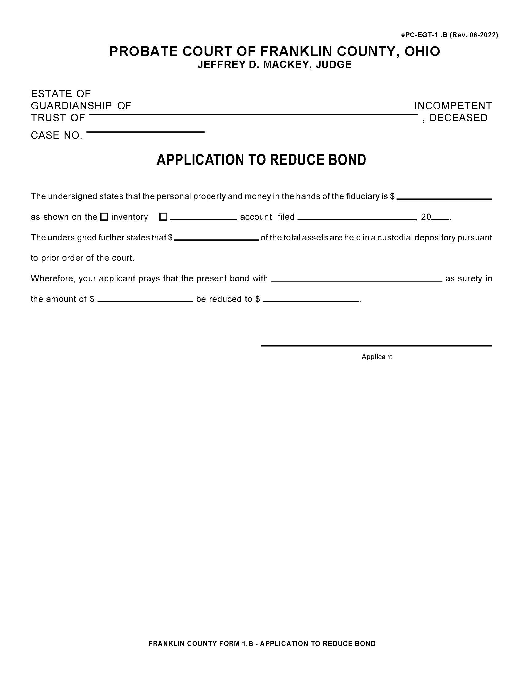 Application To Reduce Bond {1.B} | Pdf Fpdf Doc Docx | Ohio