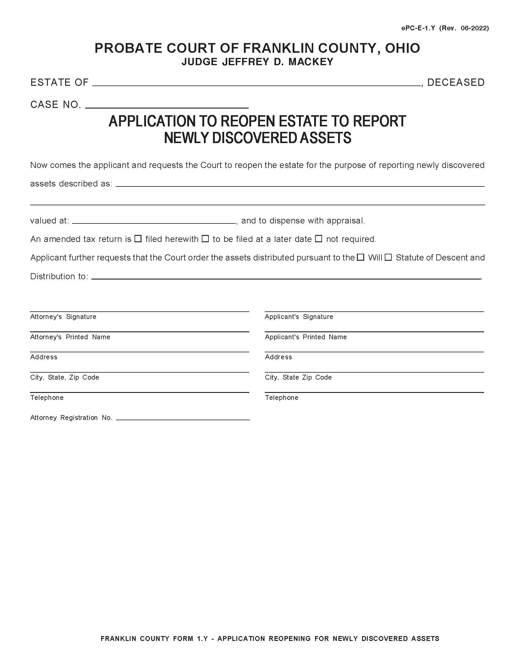 Application To Reopen Estate To Report Newly Discovered Assets {1.Y} | Pdf Fpdf Doc Docx | Ohio
