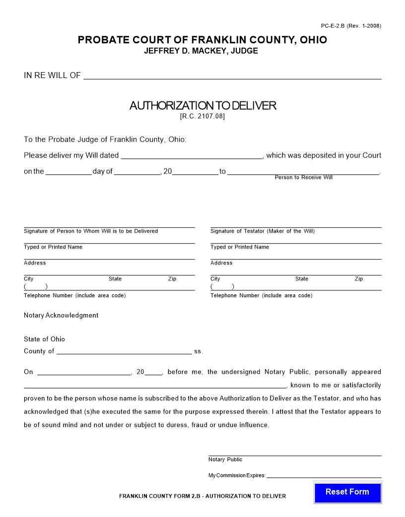 Authorization To Deliver {2.B} | Pdf Fpdf Doc Docx | Ohio