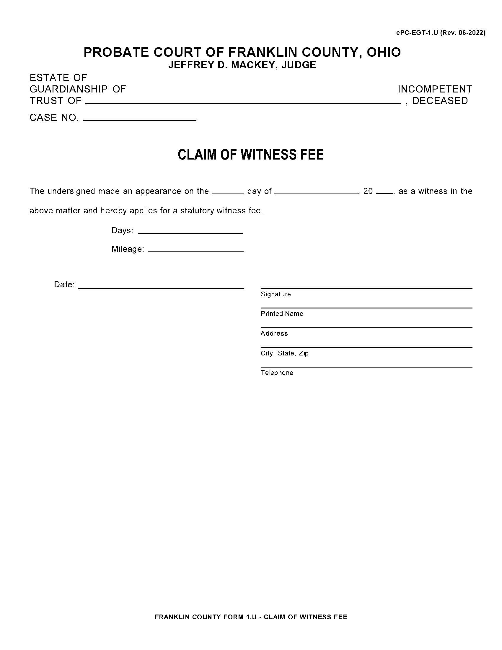 Claim Of Witness Fee {1.U} | Pdf Fpdf Doc Docx | Ohio