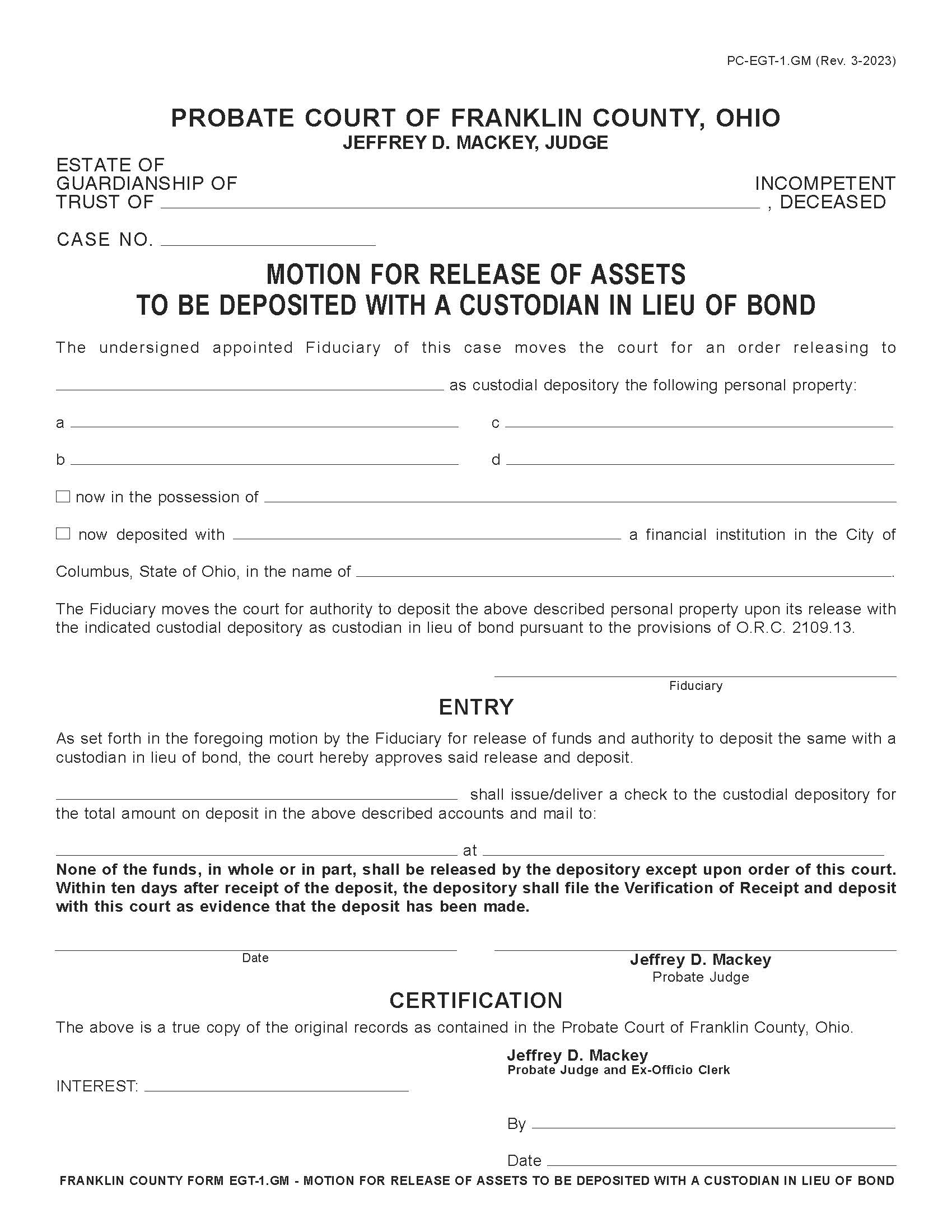 Motion For Release Of Assets In Lieu Of Bond {PC-EGT-1.GM} | Pdf Fpdf Doc Docx | Ohio