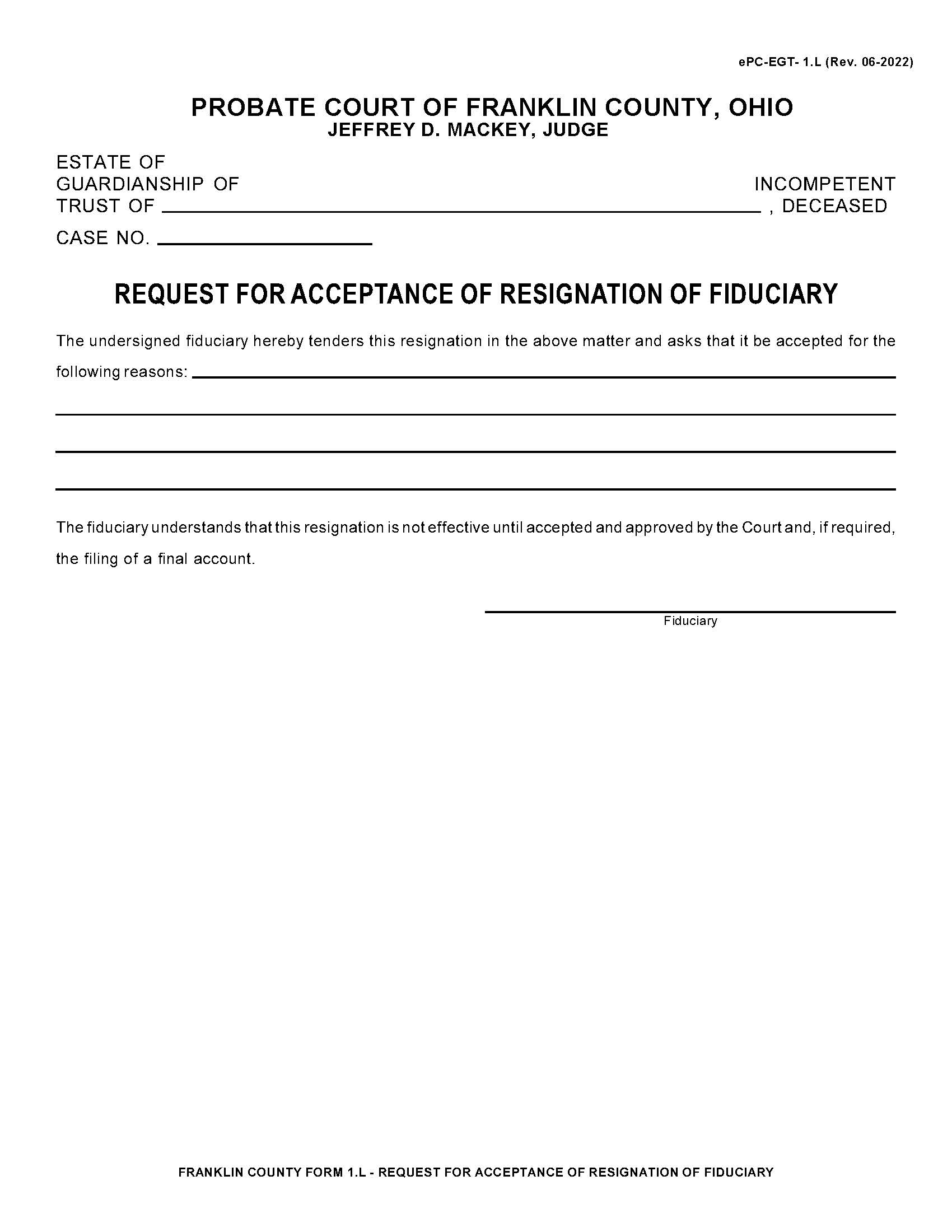 Request For Acceptance Of Resignation Of Fiduciary {1.L} | Pdf Fpdf Doc Docx | Ohio