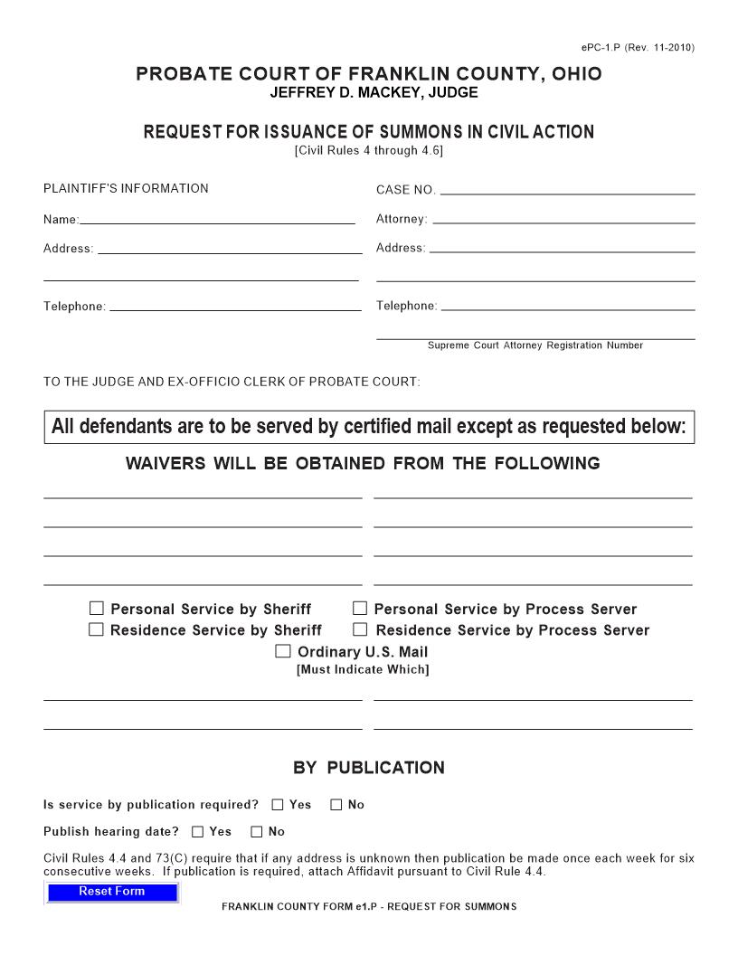 Request For Issuance Of Summons In A Civil Action {1.P} | Pdf Fpdf Doc Docx | Ohio