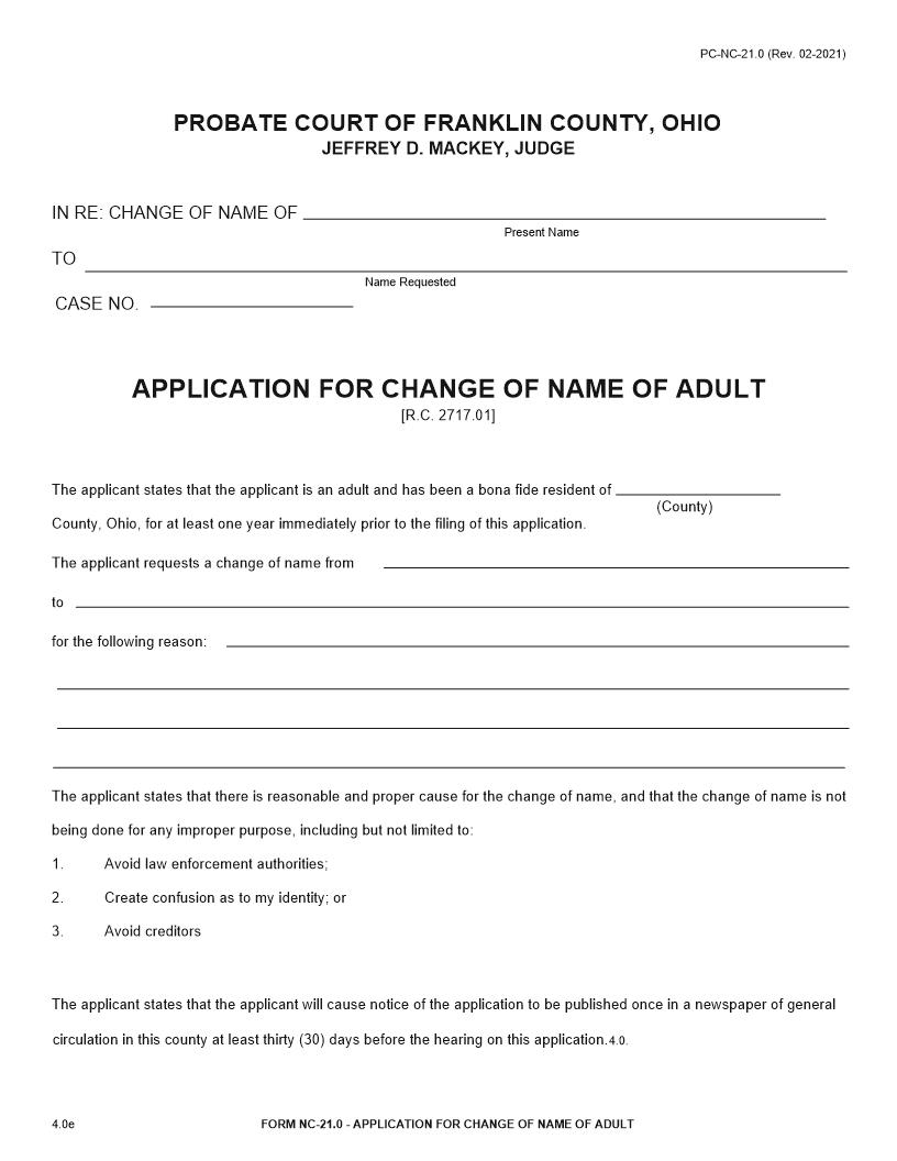 Application For Change Of Name Of Adult {21.0} | Pdf Fpdf Docx | Ohio