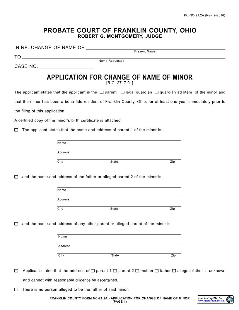 Application For Change Of Name Of Minor {21.2A} | Pdf Fpdf Docx | Ohio